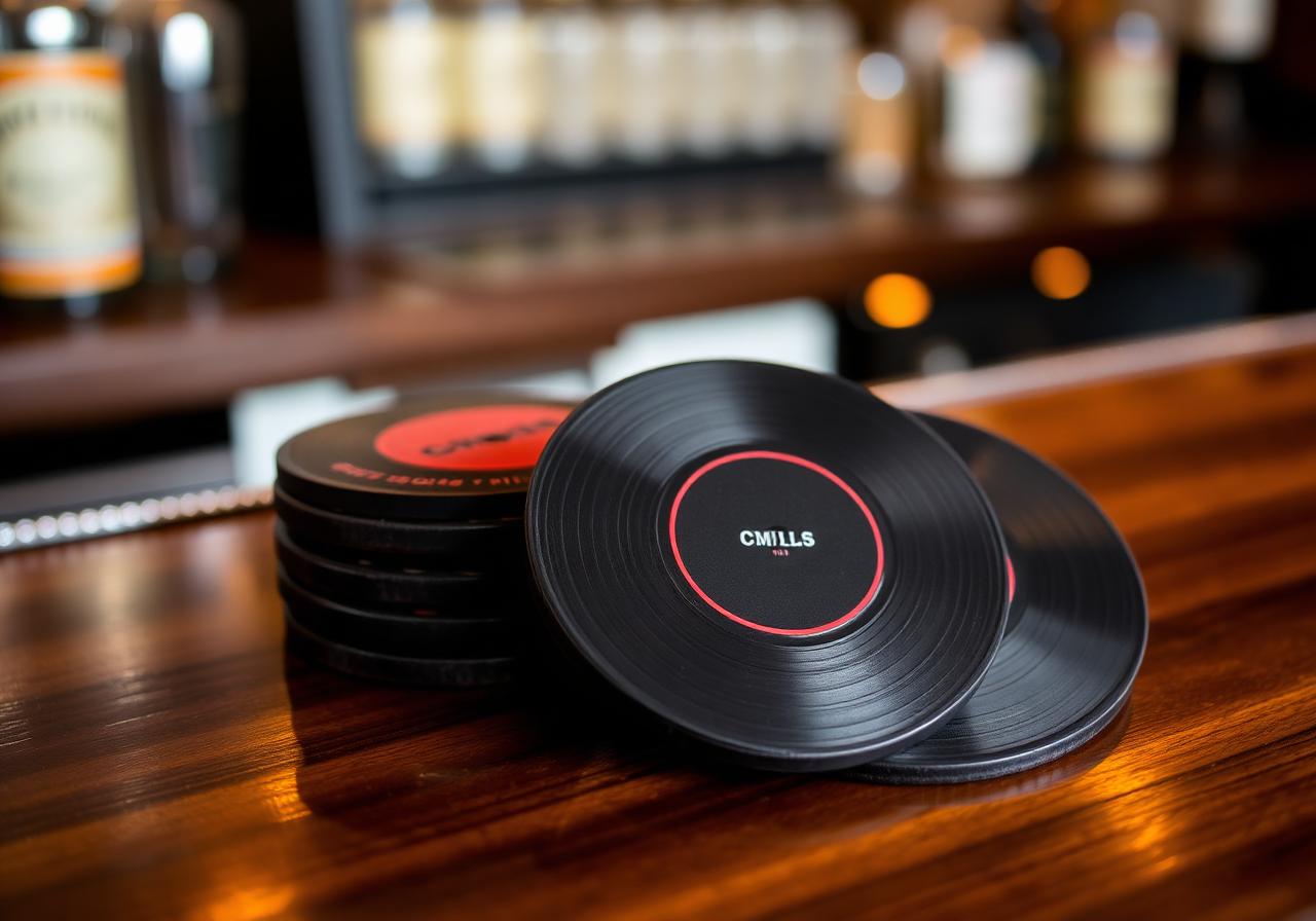 Custom vinyl-record branded coasters on a bar