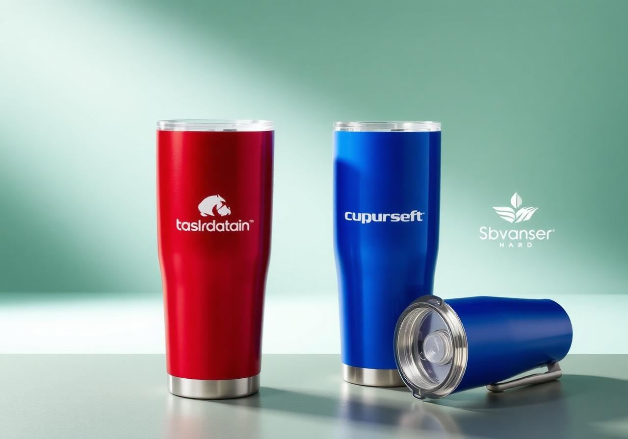 Branded stainless steel tumblers in three colors
